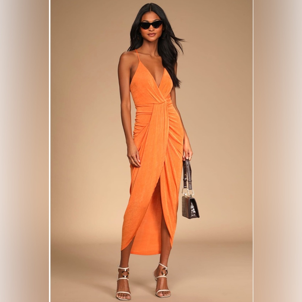 “Dreamy date orange surplice midi dress” from lulus